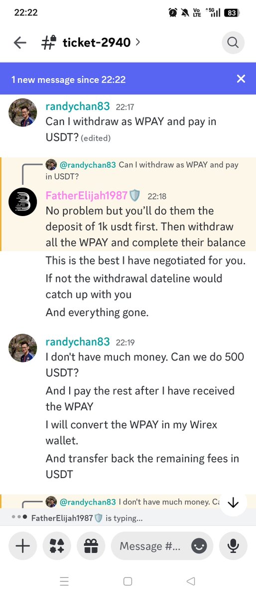RandyChan83's tweet photo. @BitMartExchange @BitMartExchange @cz_binance @wirexapp @justinsuntron

Even the main administrator of Bitmart's discord is trying to scam users w withdrawal issues through official ticket system.

Asked to pay fees of USDT $3k to external wallet to withdraw what is rightly my crypto asset. Help! https://t.co/MWpAMh0rHV
