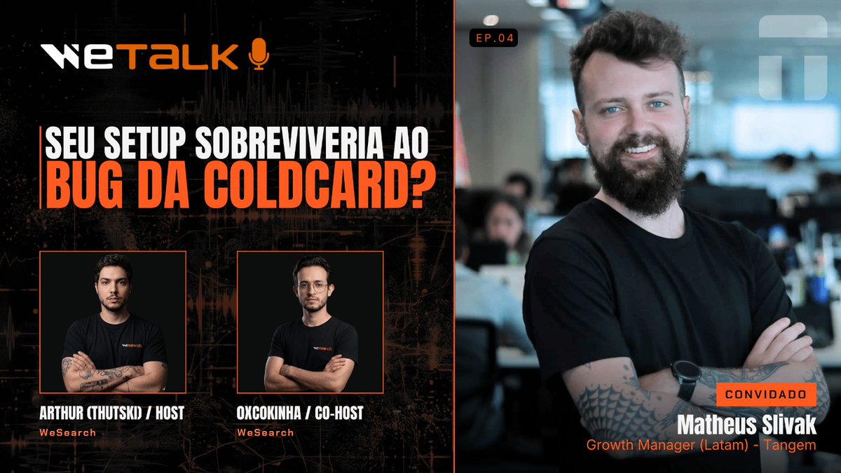 wesearch_dao's tweet photo. HOJE, às 20h30, tem WeTalk. 🎙️

@matheus_slivak, Growth Manager LATAM da @Tangem, conversa com @thutski e @0xcokinha sobre autocustódia, hardware wallets e como proteger o patrimônio digital em um cenário em que os riscos já vão além dos ataques virtuais.

📍 Ao vivo no X e no YouTube da WeSearch.