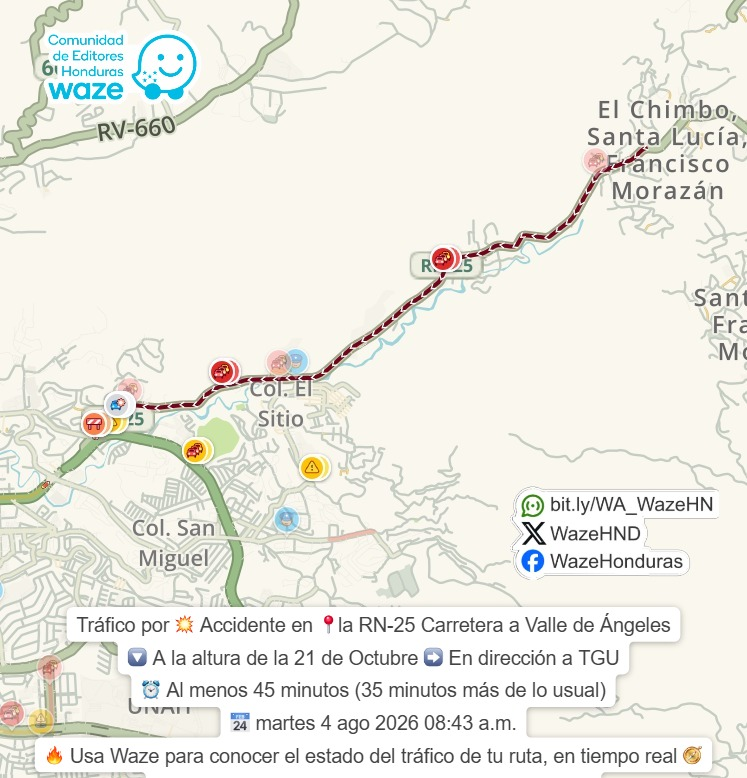 WazeHND's tweet photo. #Trafico por 💥 #Accidente en 📍la RN-25 Carretera a #ValleDeAngeles
🔽 A la altura de la 21 de Octubre ➡️ En dirección a #TGU
🔥 Usa #Waze para conocer el #EstadoDelTrafico de tu #Ruta, en #TiempoReal 🧭
👉 Síguenos en redes sociales https://t.co/IAM8rj0Tep https://t.co/Tfs4jOUjeO