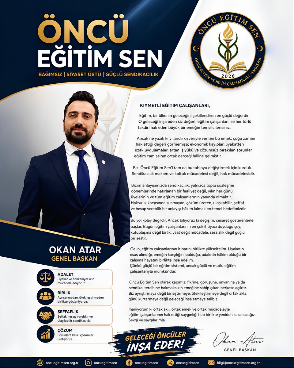 oncuegitimsen's tweet photo. Kıymetli Eğitim Çalışanları,

Eğitim, bir ülkenin geleceğini şekillendiren en güçlü değerdir. O geleceği inşa eden siz değerli eğitim çalışanları ise her türlü takdiri hak eden büyük bir emeğin temsilcilerisiniz. Ancak ne yazık ki yıllardır özveriyle verilen bu emek, çoğu zaman hak ettiği değeri görememiş; ekonomik kayıplar, liyakatten uzak uygulamalar, artan iş yükü ve çözümsüz bırakılan sorunlar eğitim camiasının ortak gerçeği hâline gelmiştir.

Biz, Öncü Eğitim Sen’i tam da bu tabloyu değiştirmek için kurduk. Çünkü inanıyoruz ki eğitim çalışanlarının sesi, hiçbir siyasi hesabın gölgesinde kalmamalı; sendikacılık makam ve koltuk mücadelesine değil, hak mücadelesine dönüşmelidir.
Bizim anlayışımızda sendikacılık; yalnızca toplu sözleşme dönemlerinde hatırlanan bir faaliyet değil, yılın her günü üyelerinin ve tüm eğitim çalışanlarının yanında olmaktır. Haksızlık karşısında susmayan, çözüm üreten, ulaşılabilir, şeffaf ve hesap verebilir bir anlayışı hâkim kılmak en temel hedefimizdir.

Bu yol kolay değildir. Ancak biliyoruz ki değişim, cesaret gösterenlerle başlar. Bugün eğitim çalışanlarının en çok ihtiyaç duyduğu şey; kutuplaşma değil birlik, vaat değil mücadele, sessizlik değil güçlü bir sestir.
Gelin, eğitim çalışanlarının itibarını birlikte yükseltelim. Liyakatin esas alındığı, emeğin karşılığını bulduğu, adaletin hâkim olduğu bir çalışma hayatını birlikte inşa edelim. Çünkü güçlü bir eğitim sistemi, ancak güçlü ve mutlu eğitim çalışanlarıyla mümkündür.

Öncü Eğitim Sen olarak kapımız; fikrine, görüşüne, unvanına ya da sendikal tercihine bakmaksızın emeğine sahip çıkan herkese açıktır. Biz ayrıştırmaya değil birleştirmeye, ötekileştirmeye değil ortak akla, günü kurtarmaya değil geleceği inşa etmeye talibiz.

İnanıyorum ki ortak akıl, ortak emek ve ortak mücadeleyle eğitim çalışanlarının hak ettiği saygınlığı hep birlikte yeniden kazanacağız.

Sevgi ve saygılarımla 

Öncü Eğitim ve Bilim Çalışanları Sendikası Genel Başkanı Okan ATAR