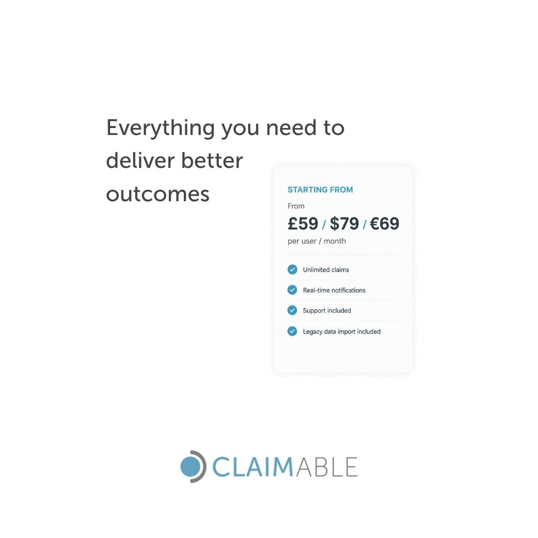 claimable's tweet photo. Better claims outcomes don't have to mean bigger software budgets.

Claimable gives your team everything needed to manage claims efficiently, starting from:

💷 £59 💵 $79 💶 €69 per user/month

#claimable #claimsoftware #claimsmanagement #claims https://t.co/RUGDGsSCcR