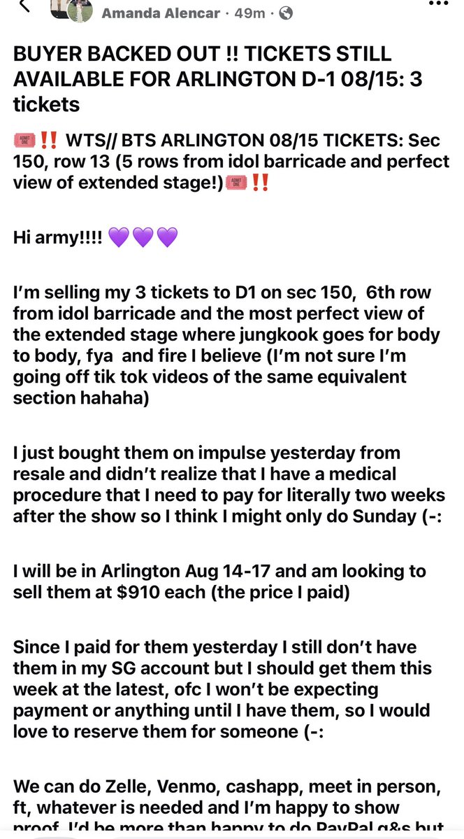 amandaalencarrr's tweet photo. ARMY !!

WTS BTS ARLINGTON D1 08/15 💜 Buyer backed out! 3 tickets: Sec 150, Row 13— 5 rows from idol barricade + amazing extended-stage view. $910 each, preferably sold together. Proof/FT/meetup for transaction/ other forms of payment available. #BTSWTS #BTSArlington #BTSTickets https://t.co/nwa2VOgV84