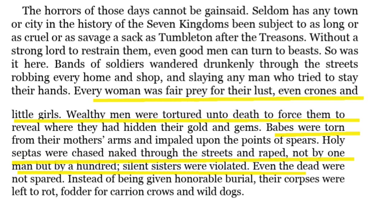 buff_err's tweet photo. How convenient to say all side was bad, when one side (greens) did 100 time worst crime than blacks. GRRM described the sack of Tumbleton by so called Hightower army in detail.

Mass R#pe, girls, crones, even holy septas were r#ped. Not by one but by a hundred.

#Houseofthedragon https://t.co/R0c2t6kBBb