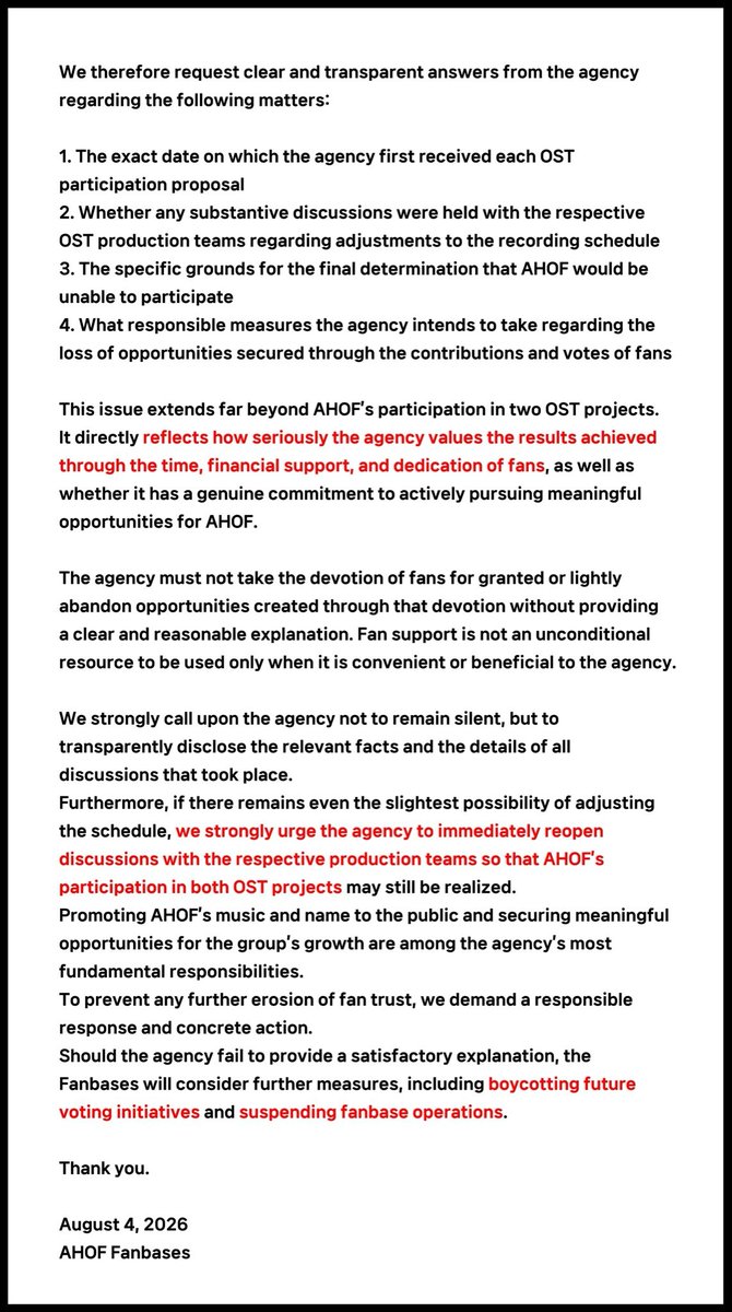 AHOFSTREAMERSVT's tweet photo. As a voting team who spent countless resources just to win polls, we are really disappointed.

STATEMENT FROM THE AHOF FANBASES

FOHAs worked hard to secure these OST opportunities, we demand transparency, accountability, and action.

STOP BLOCKING OPPORTUNITIES FOR AHOF

#LetAHOFSingOSTs
#응답하라프프
@AHOF_official @fnfent_official
