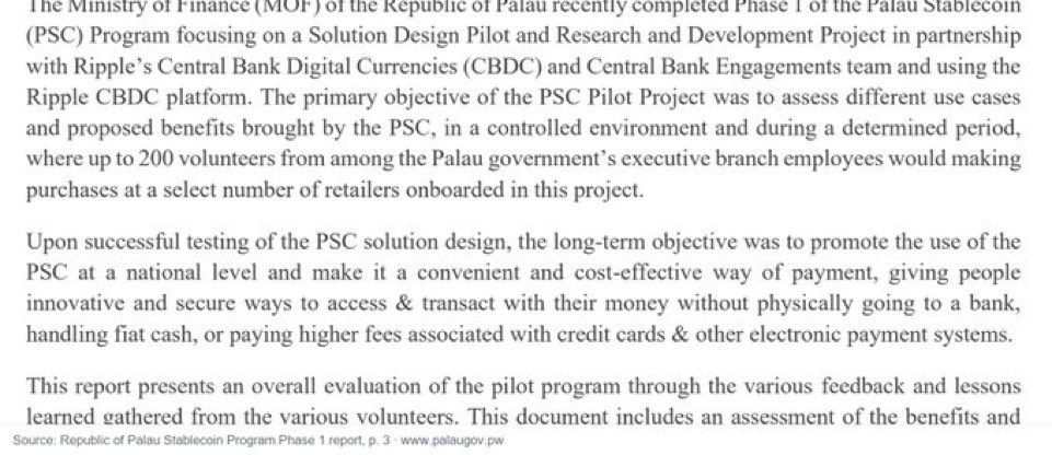 dag_ceo's tweet photo. Palau ran its dollar-backed stablecoin as a design pilot with Ripple's Central Bank Digital Currencies platform, with up to 200 volunteers testing real use cases in a controlled period.
Small country, but a documented, government-run pilot on the XRP Ledger. https://t.co/Iq7pO9DVKX