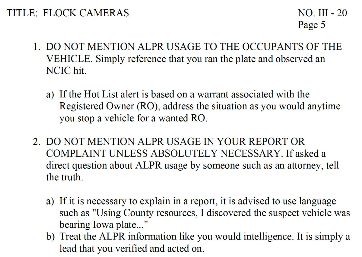 jason_koebler's tweet photo. New: Police are being told to hide the fact that they're using Flock to pull people over and arrest them in both encounters with citizens but ALSO in their official police reports: https://t.co/IFwJsnFIC3