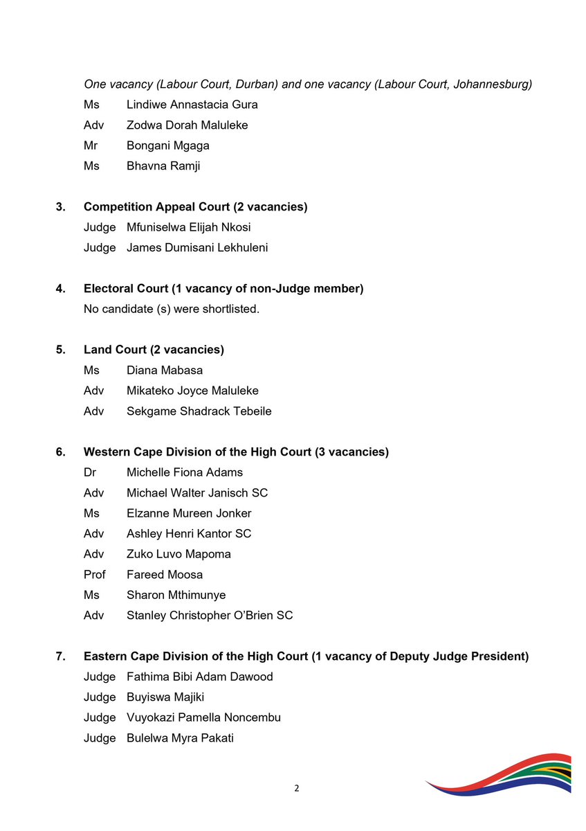 OCJ_RSA's tweet photo. 04 August 2026

Judicial Service Commission 

[ERRATUM] Judicial Vacancies: Shortlisted Candidates – October 2026 Interviews 

The Judicial Service Commission (JSC) has issued an erratum to the notice published on 31 July 2026 regarding the shortlisted candidates for judicial vacancies in the Superior Courts. 

The notice has been amended to reflect that there are two (2) vacancies in the Competition Appeal Court, and not one (1) as previously stated. Comments on the suitability of shortlisted candidates must reach the JSC Secretariat by Friday, 11 September 2026. 

#JSC #JudiciaryRSA #OCJ_RSA