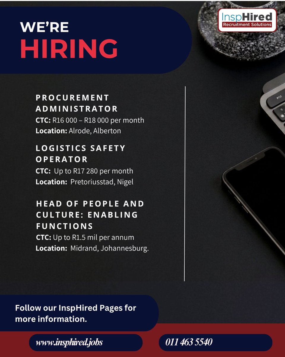 InspHiredSA's tweet photo. 🚨 We're Hiring!
Head of People and Culture: Enabling Functions
https://t.co/T4p089FhmR
Procurement Administrator
https://t.co/tP6olLyF62
Logistics Safety Operator
https://t.co/3jg19CMcGs
#OpenRoles #ApplyNow #WeAreHiring #PharmaceuticalJobs #ManufacturingJobs #SupplyJobs https://t.co/ff1GOkmxTc