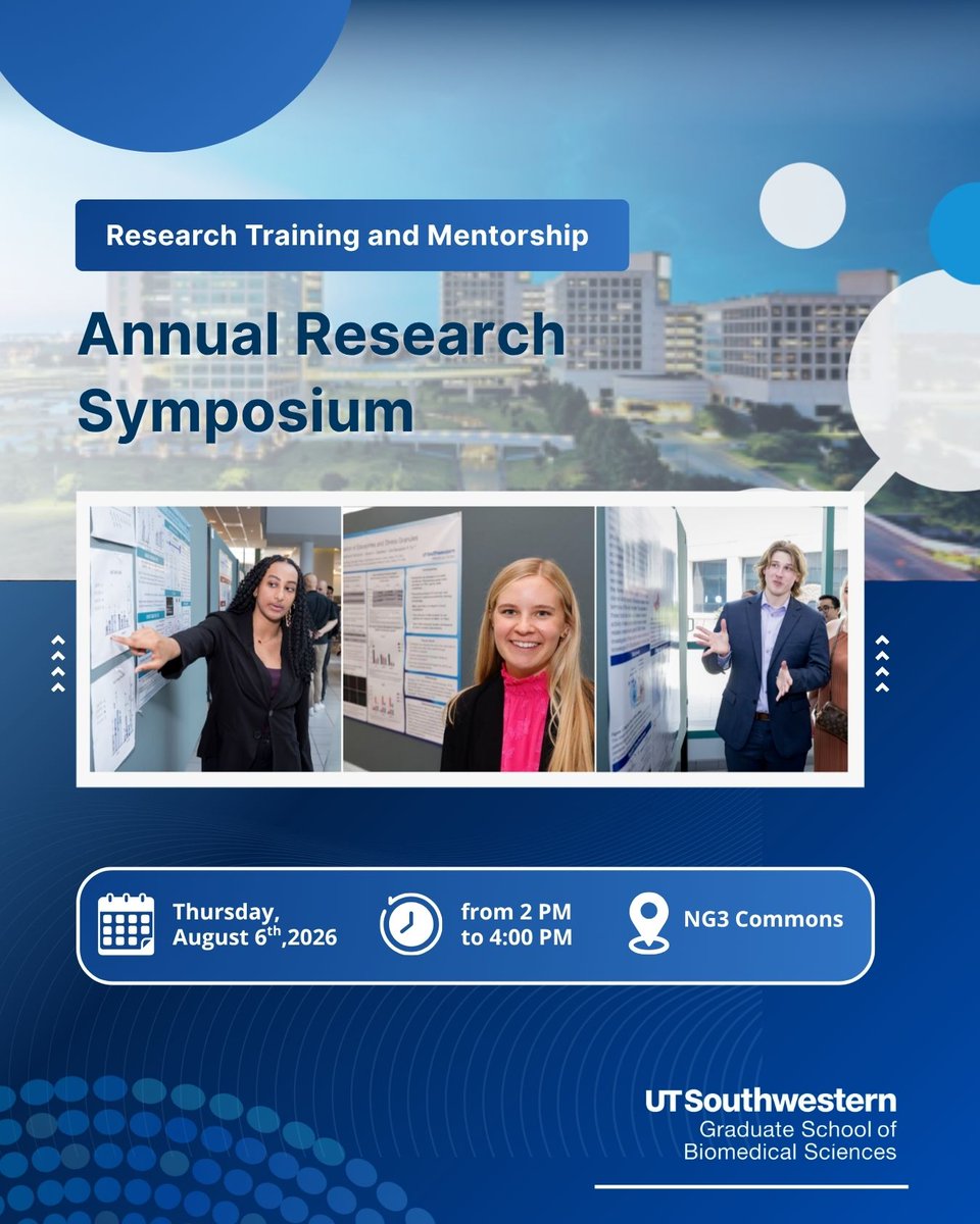 RTMatUTSW's tweet photo. @RTMatUTSW invites the community to its Annual Research Symposium on Aug 6. Join us as our Amgen Scholars, SURF, and SURISKD fellows showcase the innovative research they have conducted this summer at @UTSWMedCenter @UTSWGradSchool @AmgenFoundation @ASP_GPO @ADiaz_PhD https://t.co/unc4oThNs2