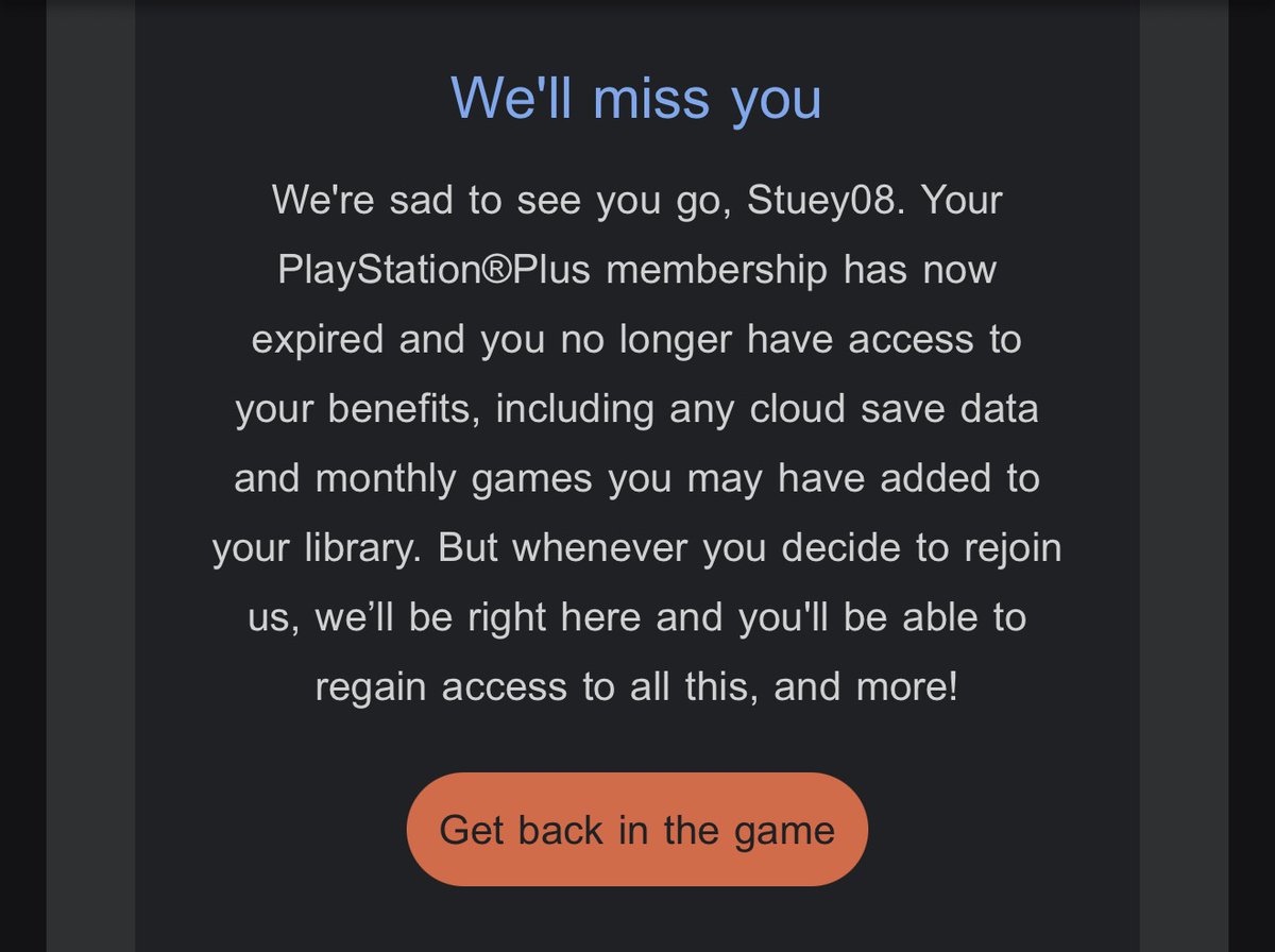 Stuey_08's tweet photo. @PlayStation darn my ps+ expired last month. I have purchased mostly digital lately, but I am not going to support an all-digital future, especially when you refuse to discuss digital ownership. https://t.co/8s2OQXJOj8