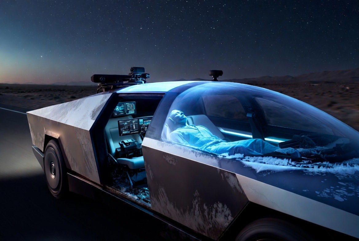 oldmilwman's tweet photo. @elonmusk Could you do a self-driving Tesla fitted with a cryopod for long-distance travel?!  Would really help for those long boring drives. https://t.co/PIGMipBzV2