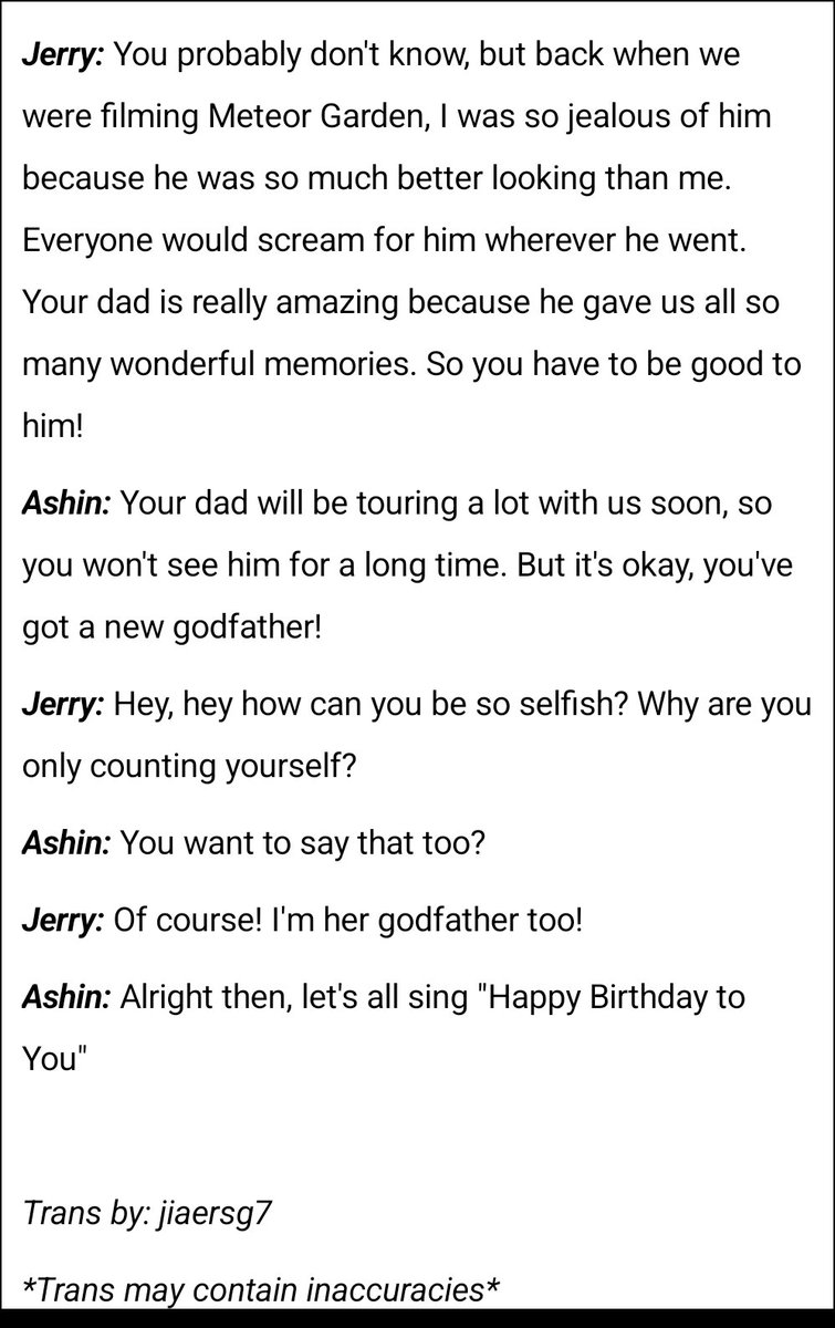 jiaersg7's tweet photo. #JerryYan &amp; #Ashin talking to #VicChou's daughter &amp; singing her a happy birthday 😭 Jerry told her to be good to her dad and ashin said they'll tour more so she wouldn't see her dad for a while but it's okay since she got a new godfather. Full trans below
#FForever1stWorldTourBKK https://t.co/26jIXaRdCl