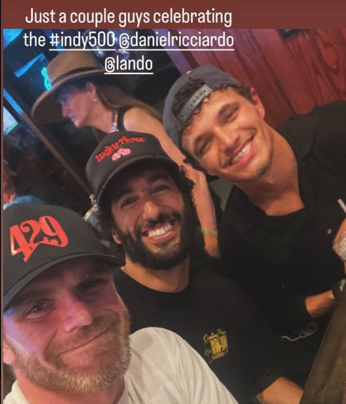 theyashkotak28's tweet photo. Lando Norris and Daniel Ricciardo "drank till 4 in the morning" after the 2026 Indy 500, reveals IndyCar driver Conor Daly.

It was Ricciardo's 1st Indy 500 in person. His clothing brand had a partnership with Daly for the race.

Whereas Norris, who had raced in F1's Canadian GP on the same day (May 24), flew to Indianapolis Sunday night for a McLaren Indy commitment the next day.

But Sunday night? Drinks flowed. On the "Stacking Pennies" podcast, Conor Daly said:

"Lando Norris flew in from the Formula 1 race in Montreal. They were in Montreal that weekend. His race sucked, car blew up or something.

"We're (Daly and Ricciardo) at dinner at 10:30, and he (Norris) texts me. He's like, 'I'm on my way.' I said, 'What do you mean?' He's like, 'I'm gonna be in Indy in an hour.'

"And so, I'm at dinner with Daniel. I said, 'Your boy just is on his way.' And he's like, 'Awesome.' And so Lando shows up to Clayton's Country Bar about 11:30. Go get him at the back door, run him through the kitchen, and we drank till like 4 in the morning. It was a great time."

Daly says he had invited all IndyCar drivers there after the race, but no one showed up. 

[via the "Stacking Pennies" podcast  - https://t.co/EeDqqKkzCP]
#f1 #indycar #danielricciardo #indy500 #landonorris