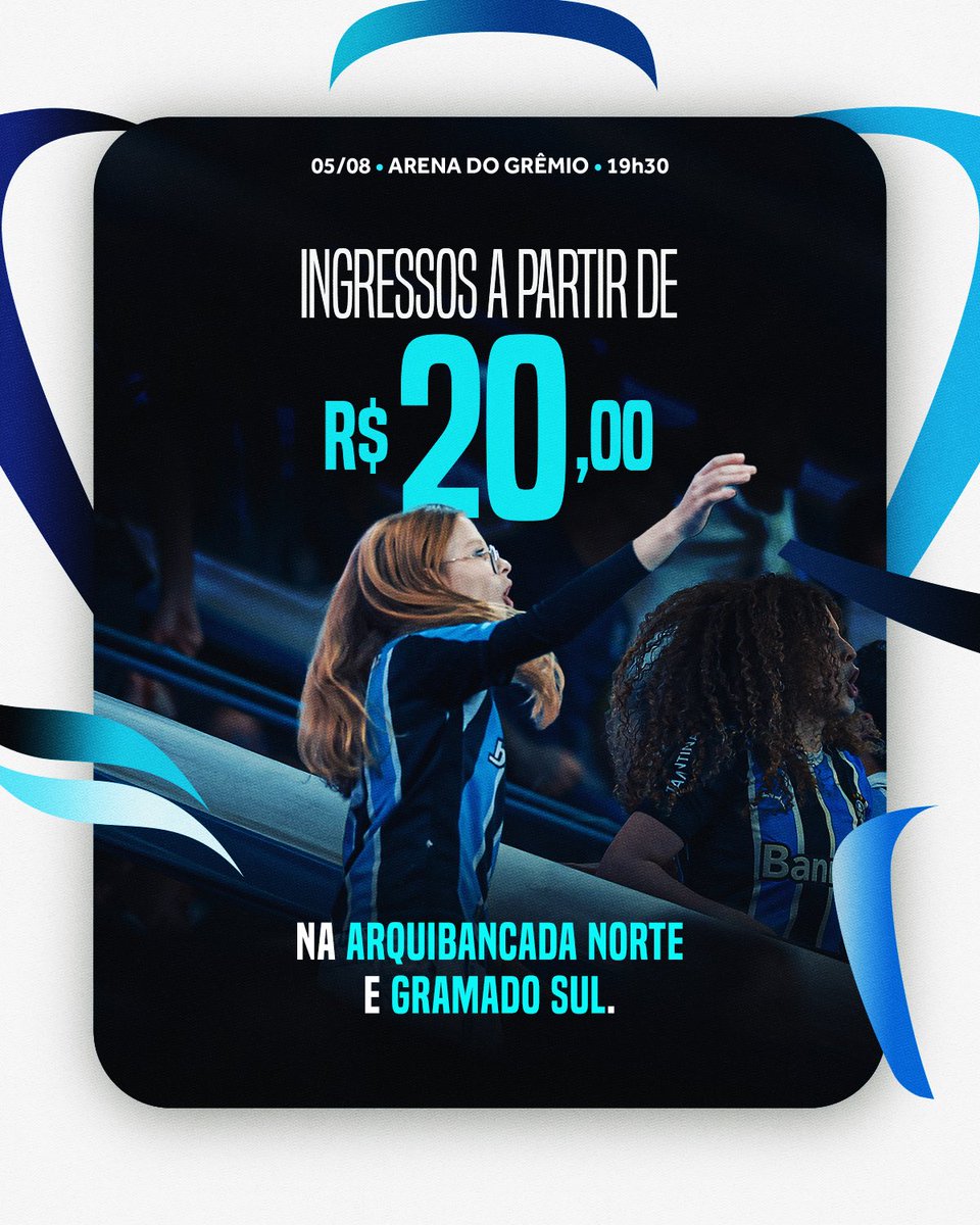 Gremio's tweet photo. JUNTOS PELA CLASSIFICAÇÃO 🇪🇪💙 Tricolor, te liga nas promoções que preparamos para a quarta-feira de #CopaDoBrasil2026. Queremos ver todo mundo na nossa casa para esta noite de decisão!
   
👉🏾 Gramado Sul e Arquibancada Norte a partir de R$20; 
👉🏾 Sócio Cadeira ou Arquibancada pode resgatar 1 ingresso para um acompanhante; 
👉🏾 Sócios Ouro e Diamante podem adquirir mais um ingresso com o desconto da sua modalidade.

🎫 Te esperamos na Arena! Separa teu manto, teu trapo e vem para o alento: https://t.co/E6eQQQNsTZ

#GRExMFC