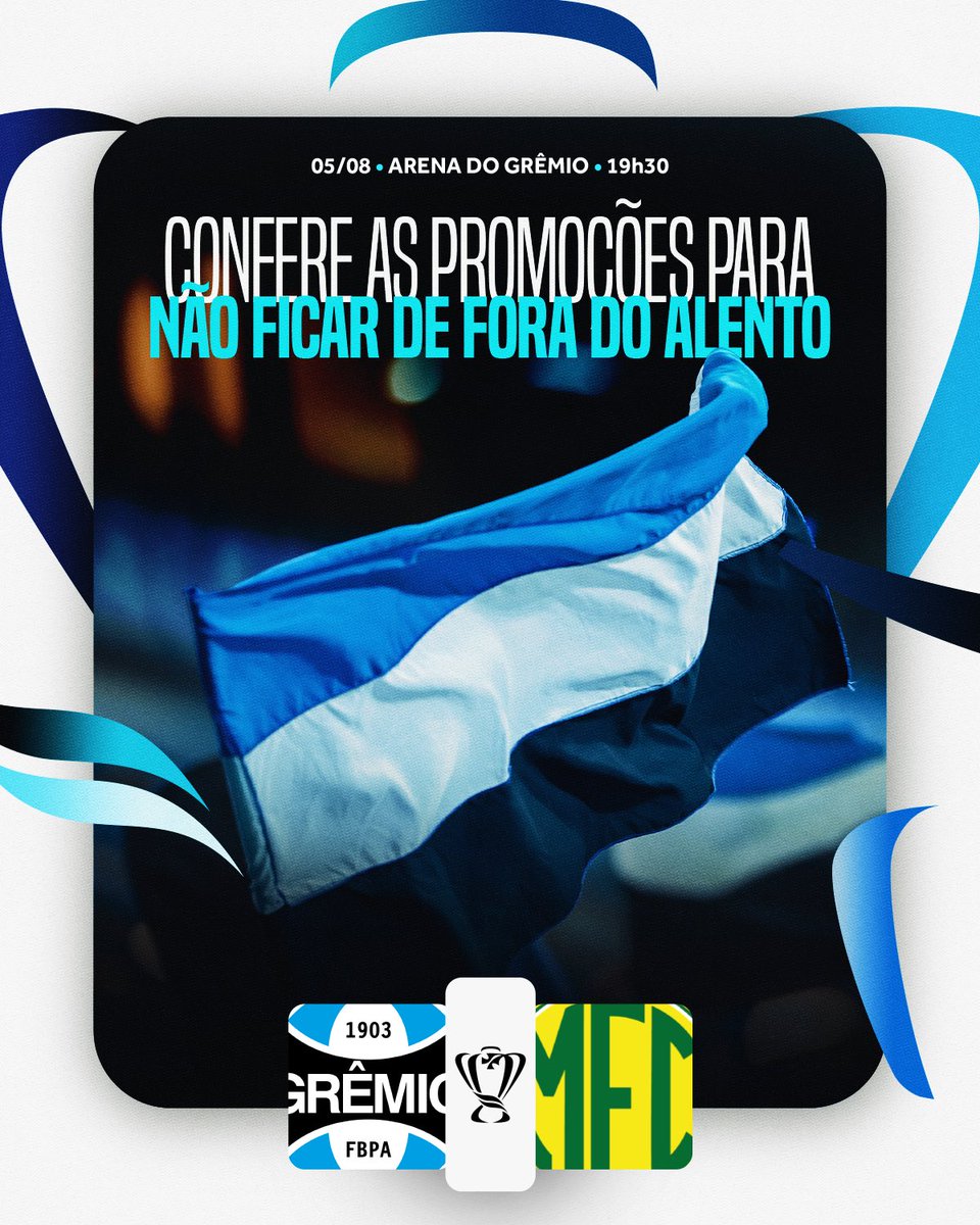 Gremio's tweet photo. JUNTOS PELA CLASSIFICAÇÃO 🇪🇪💙 Tricolor, te liga nas promoções que preparamos para a quarta-feira de #CopaDoBrasil2026. Queremos ver todo mundo na nossa casa para esta noite de decisão!
   
👉🏾 Gramado Sul e Arquibancada Norte a partir de R$20; 
👉🏾 Sócio Cadeira ou Arquibancada pode resgatar 1 ingresso para um acompanhante; 
👉🏾 Sócios Ouro e Diamante podem adquirir mais um ingresso com o desconto da sua modalidade.

🎫 Te esperamos na Arena! Separa teu manto, teu trapo e vem para o alento: https://t.co/E6eQQQNsTZ

#GRExMFC