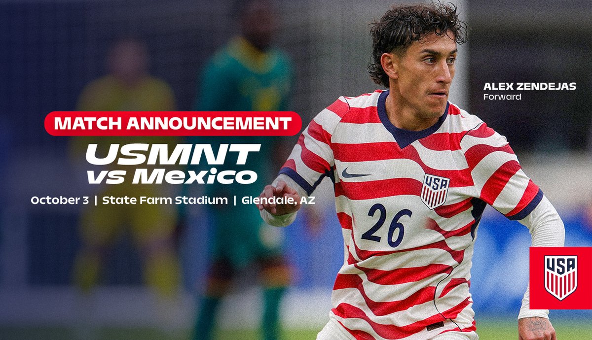 StateFarmStdm's tweet photo. 🚨Match Announcement🚨

Get ready for an unforgettable night of world class soccer as the U.S. Men's National Team and Mexico reignite one of the sport's greatest rivalries.

🗓 Saturday, Oct 3
⏰ 7pm
📍 State Farm Stadium

🎟️ Sign up for presale info: https://t.co/tnhlZH0f4w https://t.co/H41iV9w0O2