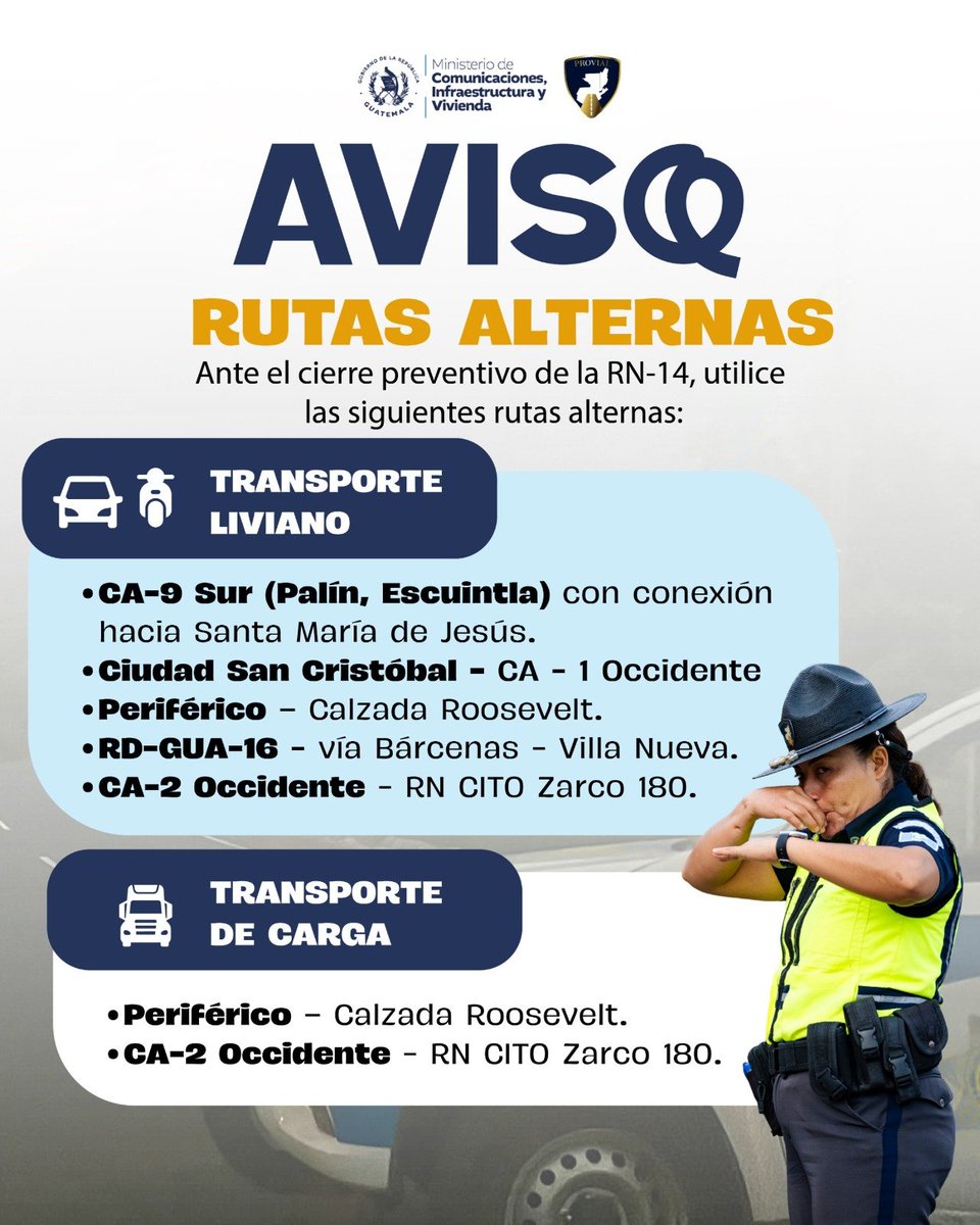 ByronSecaida's tweet photo. 🚧🌋 RUTAS ALTERNAS ANTE CIERRE DE LA RN-14 🌋🚧

PROVIAL informó sobre rutas alternas para los conductores de transporte liviano y transporte de carga, debido al cierre temporal de la Ruta Nacional 14 como medida preventiva por la actividad del Volcán de Fuego.

#TránsitoGT https://t.co/F2hZ11AzdR