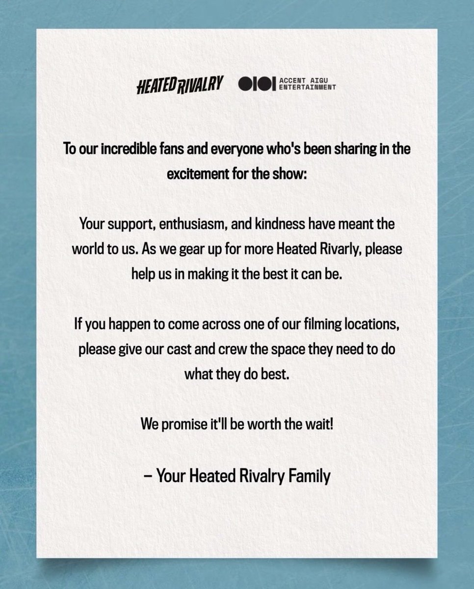 hudsonwupdates's tweet photo. The official ‘Heated Rivalry’ page has shared the following statement on Instagram.

They urge fans not to share any unofficial content of the set or filming locations out of respect for the privacy of the cast and crew. https://t.co/sxKxd0RhpA