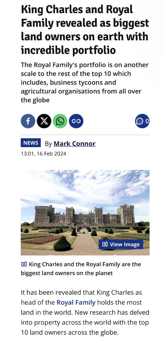 miketheking1517's tweet photo. King Charles III &amp; the British Royal Family are considered the world’s largest landowners, with holdings totaling 6.6 billion acres 16% of earths land area.

It’s owned under “The Crown estate” &amp; process goes through UK treasury + shells.

Catholic Church = #2 largest land owner. https://t.co/peAnM5MdJx