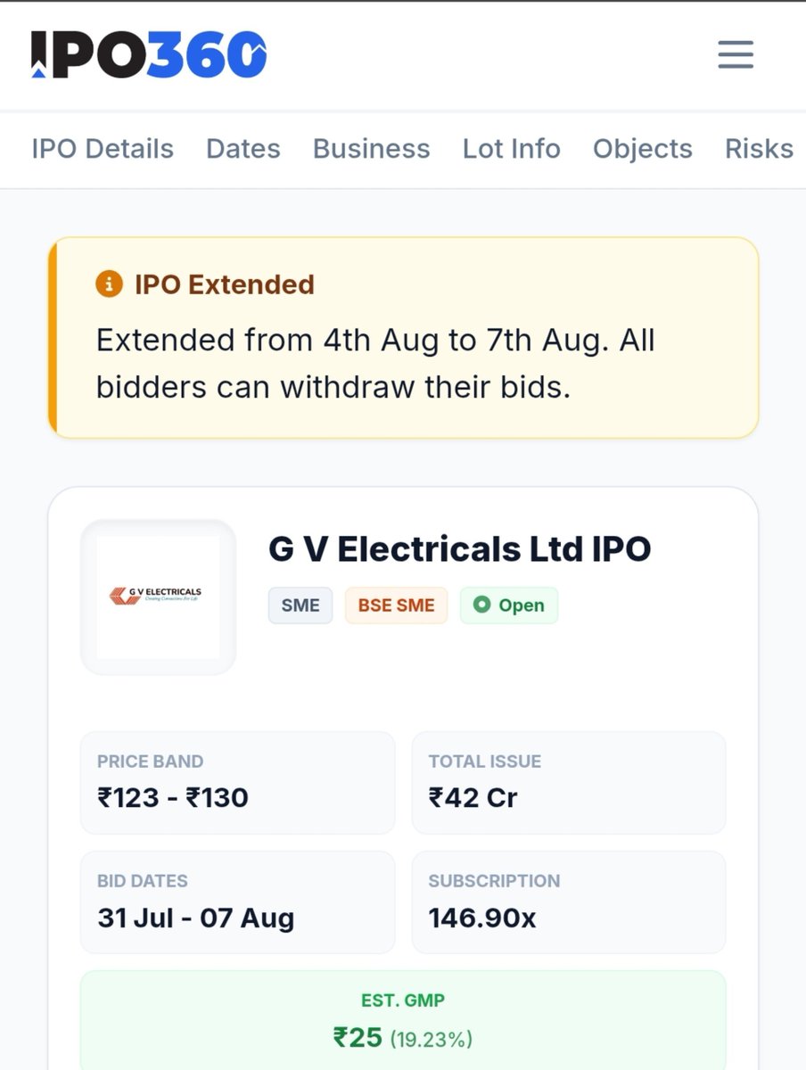 IPO360VE's tweet photo. G V Electricals IPO has been extended from 4th August to 7th August🚨

Additionally, all bidders can withdraw their bids.

Notice updated on https://t.co/qTZNfENuCC https://t.co/hkPZxhKCjM