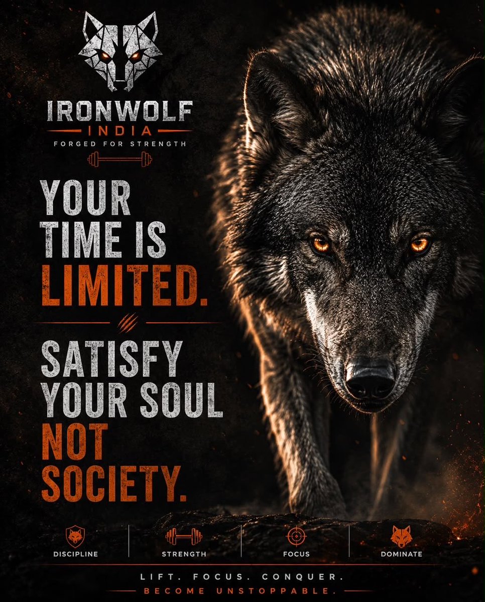 ironwolfindia's tweet photo. Stop living to impress people who won’t remember your name in a few years.

Invest your time in building your body, your mind, your character, and your legacy.
Your time is limited. Satisfy your soul, not society.
#IronwolfIndia #Discipline #Mindset #Strength #Motivation #Quotes https://t.co/mRvtRO3iDA