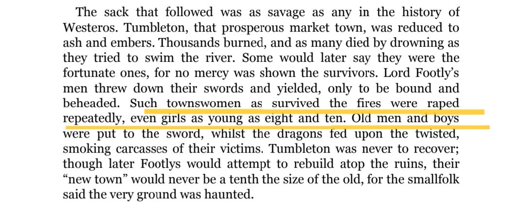 buff_err's tweet photo. I really hope they don't shift the Sack of Tumbleton onto the Blacks just to justify Hugh's betrayal.

Sack of Tumbleton was GRRM's brutal reminder of who the real victims of war were.
Showing how even the 'righteous' Hightower army of Oldtown completely descended into savagery. https://t.co/srEfsnBBm0