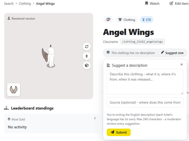 habbium's tweet photo. #Suggestions is the key!
An feature that was added long time ago, but needs the help of the community. You can suggest release dates, release prices and amounts on specific furniture and clothing, that is missing it.

Help us improve the data and @Habbo history!

#habbo #habbium https://t.co/JuxSHxFOLz