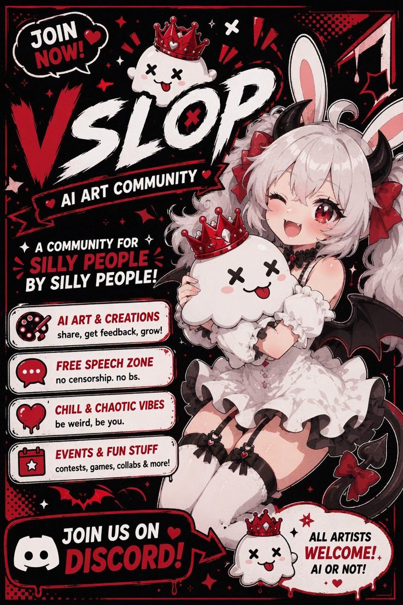 blonnyrabbitVT's tweet photo. if you haven’t joined the #vslop discord server yet… you should! we’re a chill group!

❤️ ai art allowed!
❤️ free speech zone!
❤️ events &amp; lots of fun!
❤️ total chaos >:3

we’re here to have fun together and grow together! a discord for supporting others like us! anyone welcome! https://t.co/y9r5SjswlS