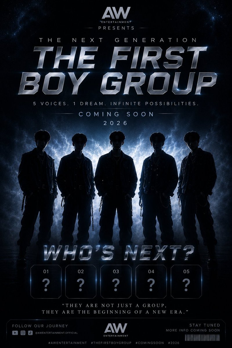 muna_nilna91638's tweet photo. 🚨 THE NEXT GENERATION.

The First Boy Group of AW Entertainment is coming.
Who's Next?

👀 #ComingSoon

#AWEntertainment #TheFirstBoyGroup #2026 https://t.co/GvbwpU3DKn