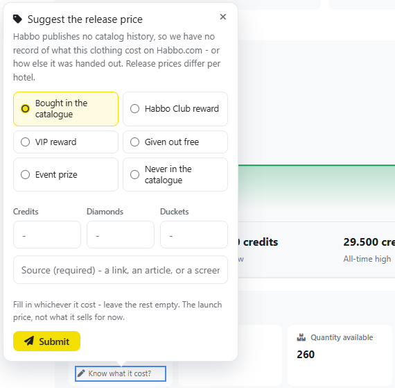 habbium's tweet photo. #Suggestions is the key!
An feature that was added long time ago, but needs the help of the community. You can suggest release dates, release prices and amounts on specific furniture and clothing, that is missing it.

Help us improve the data and @Habbo history!

#habbo #habbium https://t.co/JuxSHxFOLz