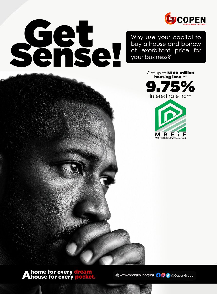 CopenGroup's tweet photo. Get Sense!

Why exhaust your business capital on a house when you can access up to ₦100 million in housing finance at just 9.75% interest?

Own your home. Grow your business. Build your future.

For more details, visit our website: https://t.co/J8oR8gBtW5 

#COPEN  #GetSense https://t.co/lDMvyPOCHP
