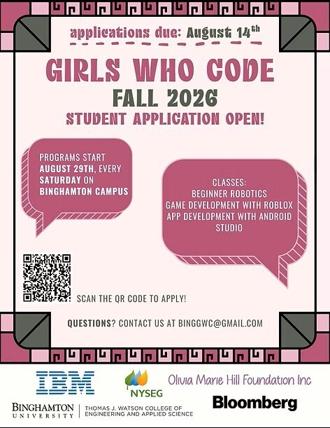 BinghamtonCSD's tweet photo. 💻 | Sign up for this fall's Girls Who Code classes through Binghamton University!

The application deadline for interested female Middle and High School students has been extended to August 14.

Apply here: https://t.co/8FXdkFeCOT https://t.co/yBixu5KraR
