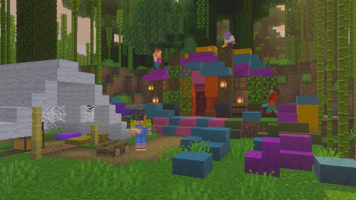 In-game image of a few minecraft players standing in the jungle building a colorful house with the new concrete slabs and stairs next to an abandoned tent.
