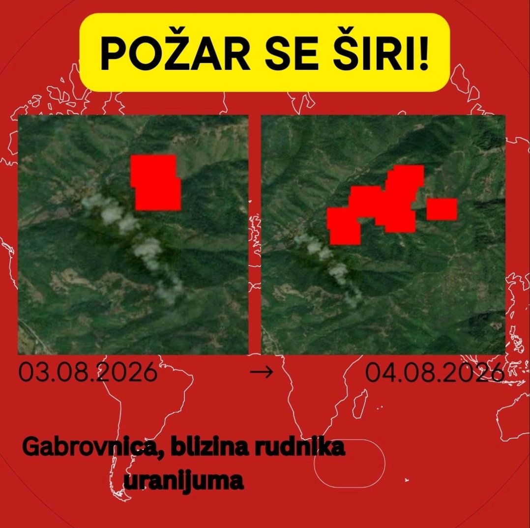 EkoIstok's tweet photo. Požar u ataru Gabrovnice kod Knjaževca i dalje se širi ka Staroj planini!
​Satelitski snimci zabeleženi juče i danas prikazuju naglo širenje požara, i to u neposrednoj blizini nekadašnjeg rudnika uranijuma.
Na ovom području zvanično odobrena geološka istraživanja bakra i zlata. https://t.co/rI35h0JJs0