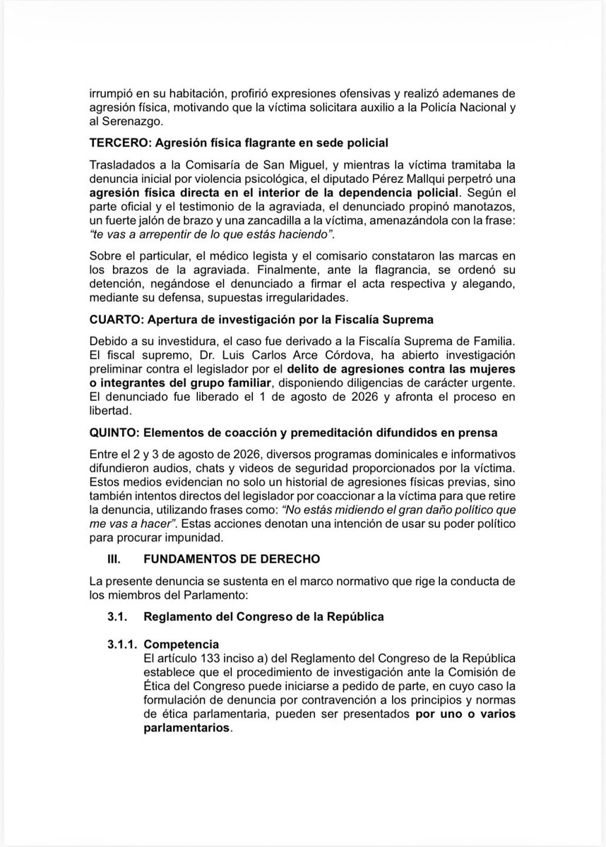 carandavas's tweet photo. Acabo de presentar una denuncia ante la Comisión de Ética de la Cámara de Diputados contra el diputado Julián Pérez Mallqui, solicitando la imposición de la máxima sanción prevista en el Reglamento del Congreso.

Los hechos denunciados han sido condenados por parlamentarios de todas las bancadas, desde la izquierda hasta la derecha, así como por el @MimpPeru y la propia @ope_peru. El rechazo es unánime porque la gravedad de este caso trasciende cualquier diferencia política.

El @congresoperu no puede convertirse en refugio de quienes, con su conducta, deshonran la investidura parlamentaria y socavan la confianza de los peruanos en sus instituciones. Quien representa a la Nación debe estar sometido al más alto estándar ético, no al mínimo indispensable.

La Comisión de Ética tiene la oportunidad de demostrar que sus normas no son letra muerta y que en el Parlamento no existen privilegios ni blindajes. La violencia no puede encontrar impunidad bajo el manto de un escaño.