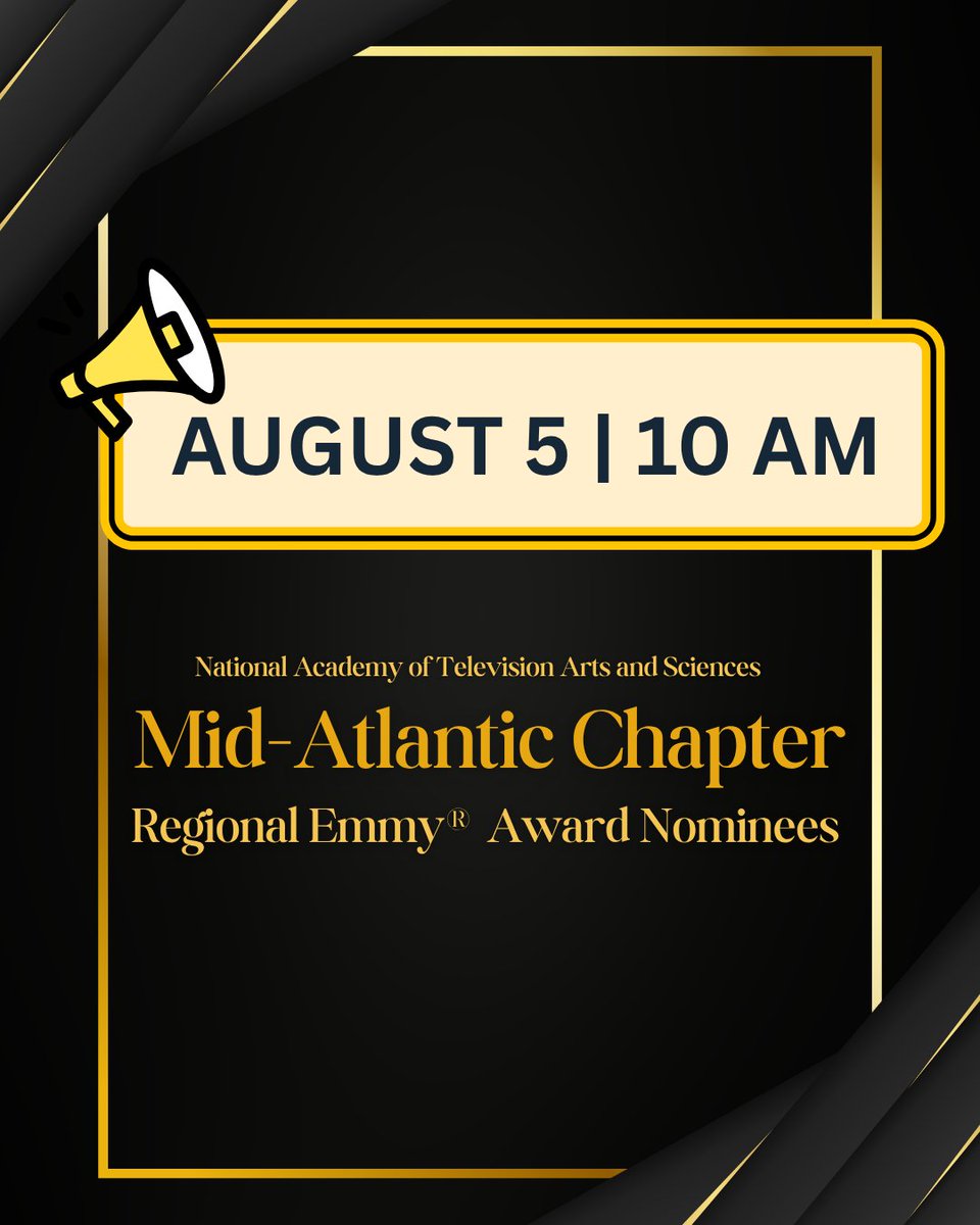 EmmyMidAtlantic's tweet photo. We will be announcing the 2026 NATAS Mid-Atlantic Chapter Regional Emmy® Award nominees at 10 a.m. tomorrow, August 5. 

A selection of categories and nominees will be shared on our social media channels, and the full list will be posted to https://t.co/sSJoXpiEcU. https://t.co/Wp9VtGJLmi