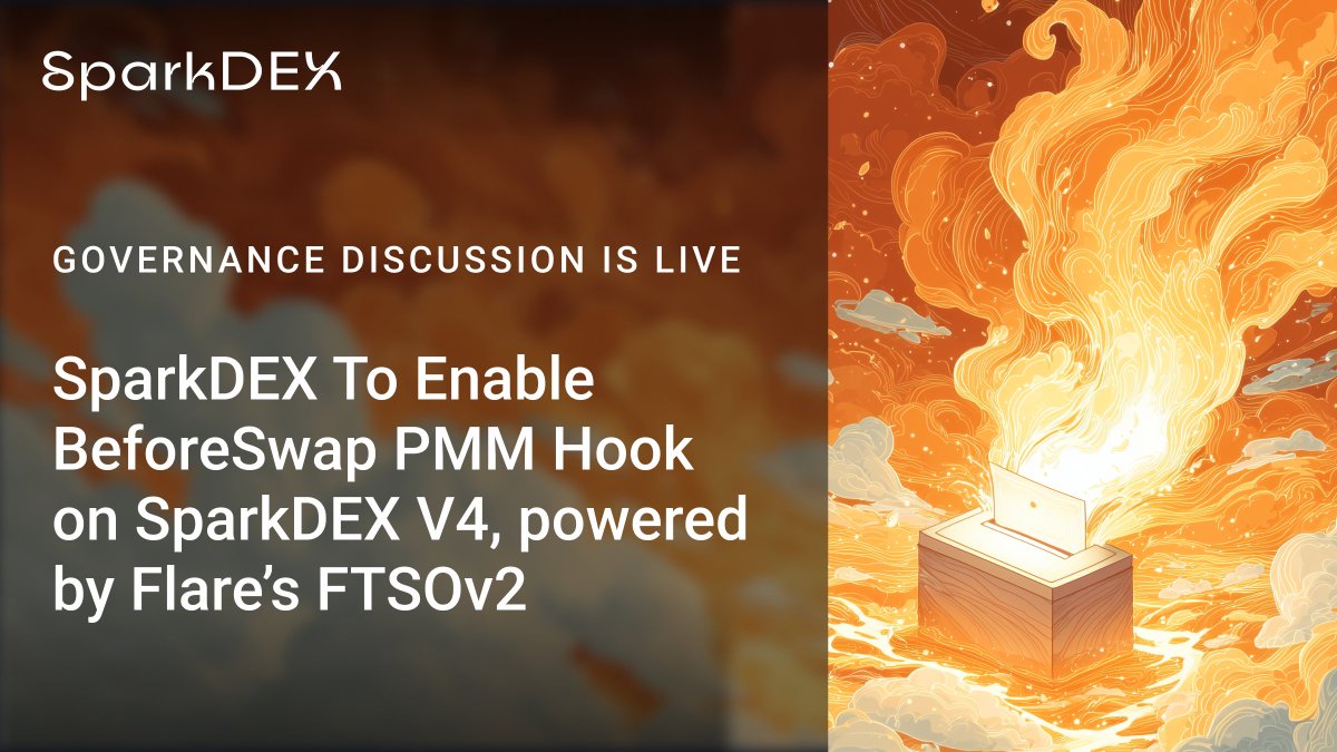 SparkDexAI's tweet photo. Governance Proposal Discussion Is LIVE 💫

Make SparkDEX v4 the first Algebra v4 AMM that prices like a Proactive Market Maker (PMM) using @FlareNetworks FTSOv2 to defend LPs from stale-price extraction ⚡️

This is a big one. 

Read &amp; Discuss 🤔📩
https://t.co/2QmzflOnVS https://t.co/HIM1qgzuzC