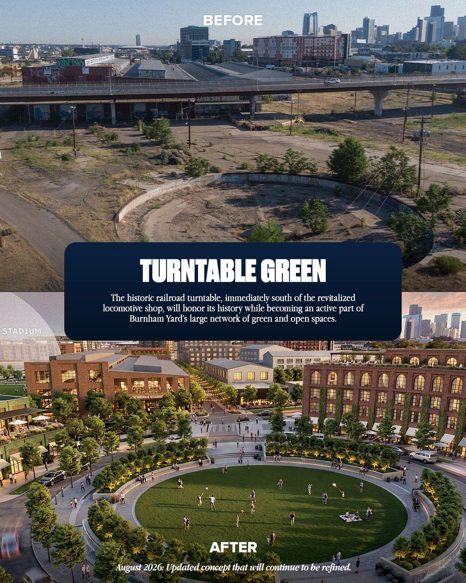 Broncos's tweet photo. Burnham Yard will become a vibrant, year-round destination where neighbors and fans feel at home. 
 
The development will reconnect people and places through dynamic public spaces, diverse housing, modern workplaces and year-round experiences to support long-term economic and environmental prosperity for fans, residents, visitors and neighbors.
 
Check out the very latest neighborhood renderings, which are shaped by extensive community feedback and will continue to evolve: https://t.co/DCfpdkiokQ