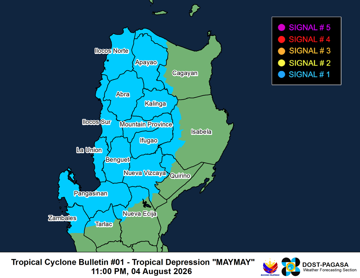 dost_pagasa's tweet photo. TROPICAL CYCLONE BULLETIN NR. 1
Tropical Depression #MaymayPH
Issued at 11:00 PM, 04 August 2026
Valid for broadcast until the next bulletin at 2:00 AM tomorrow.

THE LOW PRESSURE AREA WEST OF LA UNION HAS DEVELOPED INTO TROPICAL DEPRESSION “MAYMAY”.

DOST-PAGASA
Link: https://t.co/mBvTsKs2Jb