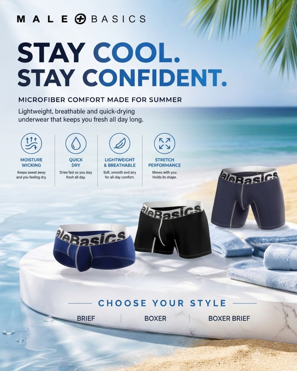 MaleBasics's tweet photo. Stay cool all summer long. ☀️

Lightweight, breathable, and quick-drying microfiber underwear.

Available in Brief, Boxer &amp; Boxer Brief.

🛒 Shop now at https://t.co/U8H4Z22i1X https://t.co/acbAuPB4ua