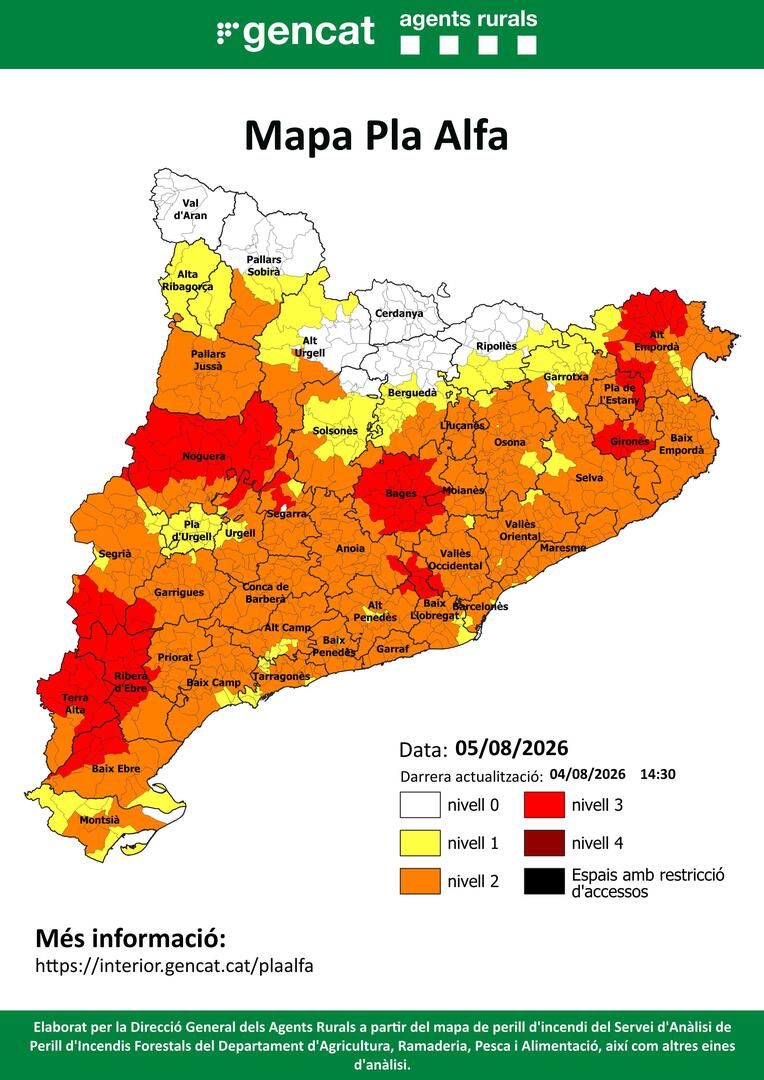 sfadfcat's tweet photo. 🔴Aquest és el mapa del #PlaAlfa d'@agentsruralscat per demà (PREVISIÓ).
   
📍Consulta el mapa per conèixer quin nivell hi ha activat al teu municipi o a la teva comarca⤵️ 

#somADF #somterritori #adfcat https://t.co/rDF0OIBA7Y