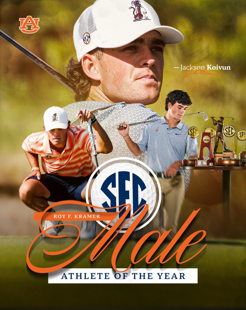 AuburnMGolf's tweet photo. Joining elite company...

Jackson Koivun -> Roy F. Kramer SEC Male Athlete of the Year 
📰 https://t.co/6WgmY2escO

#WarEagle https://t.co/FFgkPgVBkB