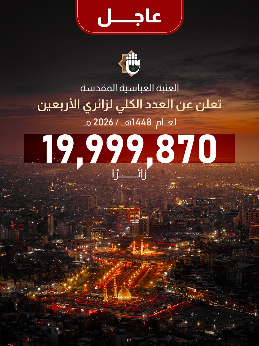 AlkafeelAbbas's tweet photo. ⭕ العتبةُ العبّاسية المقدّسة
تعلن عن العدد الكلّي لزائري الأربعين لعــام  1448هـ / 2026 م

#الحسين_نهج
#العتبة_العباسية_المقدسة https://t.co/NSGB6VrwbL