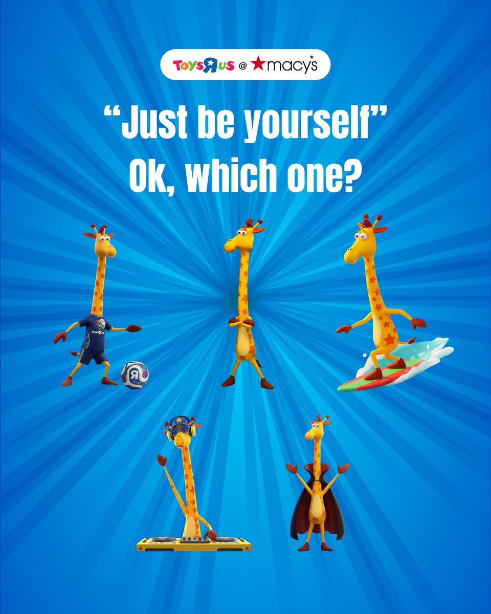ToysRUs's tweet photo. "Just be yourself." Ok, but which one? 🦒⚽🏄

Athlete, surfer, DJ, full superhero... Geoffrey is every version at once and we respect it. Whatever kind of play your day calls for, find it in-store or online TODAY at https://t.co/5U1ehLCvzH and https://t.co/GspHDXGPqh ✨ https://t.co/8zDNiAoR76