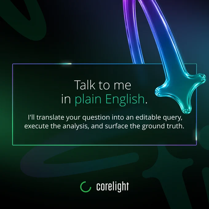 The image features a Corelight promotional graphic. It includes the text: "Talk to me in plain English. I'll translate your question into an editable query, execute the analysis, and surface the ground truth." A stylized graphic element in blue and purple is on the right side, with the Corelight logo at the bottom.