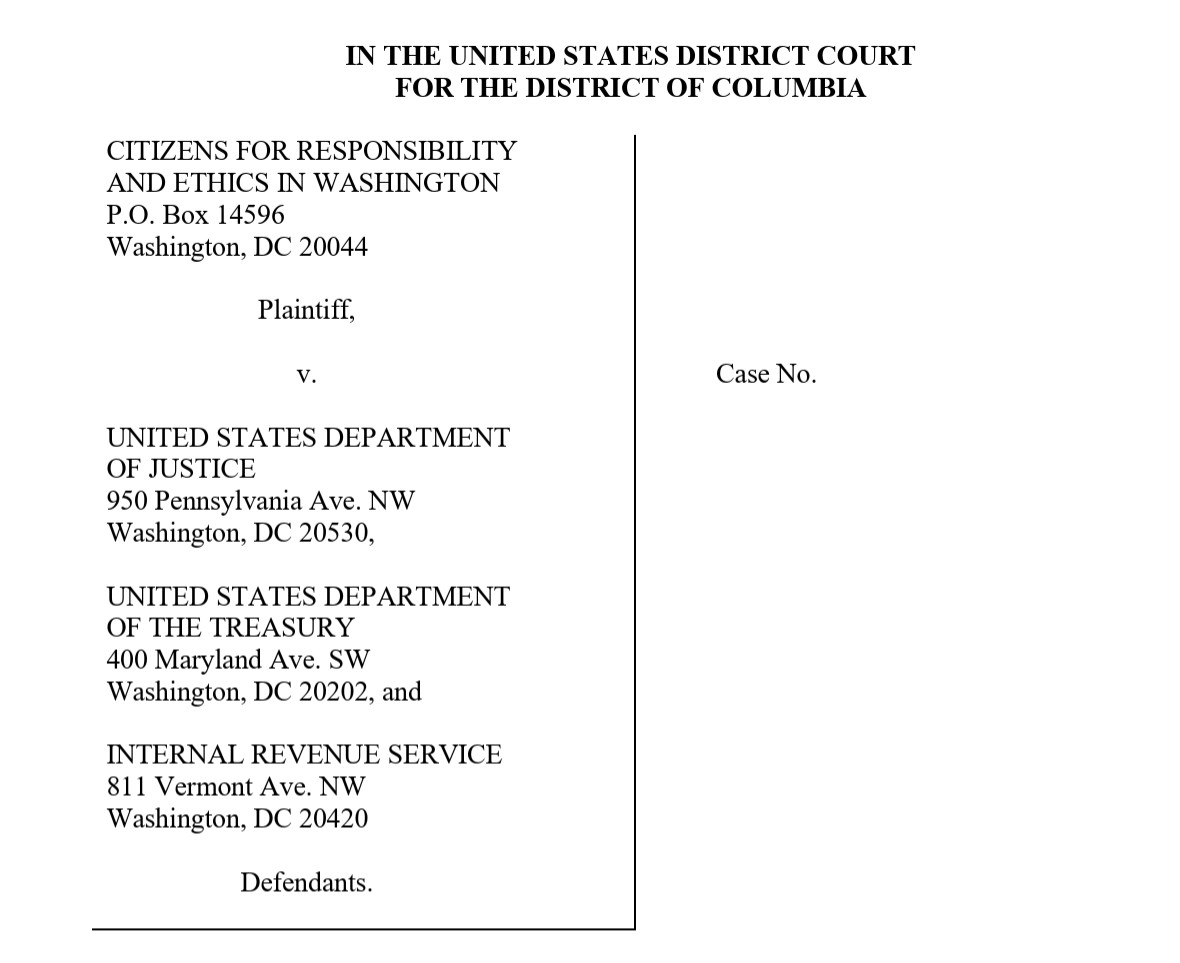 CREWcrew's tweet photo. Communications between Trump's private attorneys and the DOJ concerning Trump’s $10 billion lawsuit against the IRS should be released.

So we sued: https://t.co/jrz9zBhHnx https://t.co/ro5A16dL7J