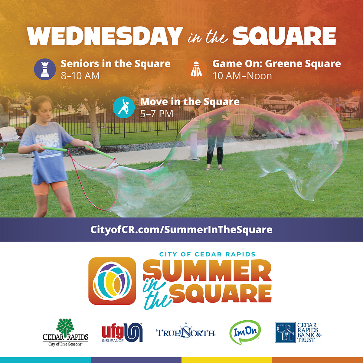 CityofCRiowa's tweet photo. โ๏ธ Wednesday is packed with fun in Greene Square!
โ Seniors in the Square | 8-10a | Chair Yoga
๐ฒ Game On: Greene Square | 10a-Noon
๐ Move in the Square | 5-7p
https://t.co/duXN8Sfm29
#SummerInTheSquare #PlayCR https://t.co/jPp6WRIKAL