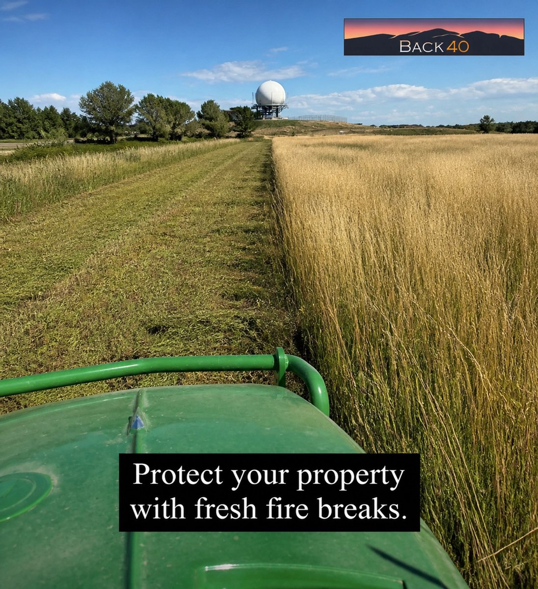 Back40LLC's tweet photo. Dry grass is a fire hazard. Fire mitigation isn’t a one-and-done task. As July heat dries out your pastures, those perimeters need a refresh. We help maintain clean fire breaks to keep your property safe all season. Let's get yours mowed. #FireMitigation https://t.co/Mg87RyqvgA