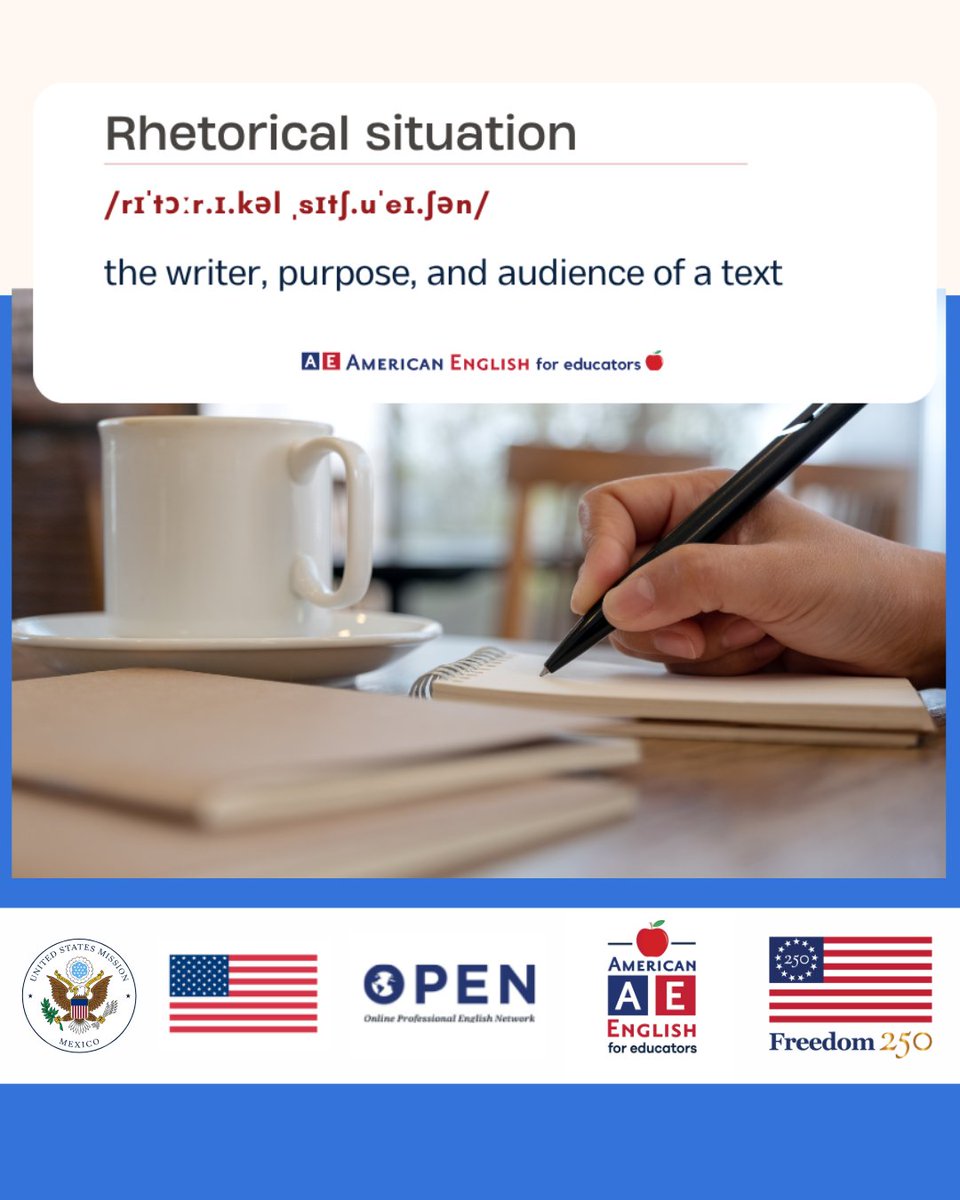 USEmbassyMEX's tweet photo. En la escritura académica, la comunicación efectiva va más allá de la gramática: se trata de a quién le escribes y para qué. 💭✍️

Comprender la "situación retórica" ayuda a los estudiantes a definir el autor, el propósito y la audiencia al estructurar sus ideas. Explora este y más conceptos en nuestro MOOC "Teaching English Academic Writing to Speakers of Other Languages".

🗓️ Inscripciones abiertas hasta el 28 de septiembre. 👉 ¡Inscríbete gratis aquí! 🔗 https://t.co/iX12jS0kkc

¿Cómo ayudas a tus alumnos a tomar en cuenta a su audiencia y el propósito al escribir? ¡Comparte tus estrategias en los comentarios! 👇 #AmericanEnglish #RELOMexico