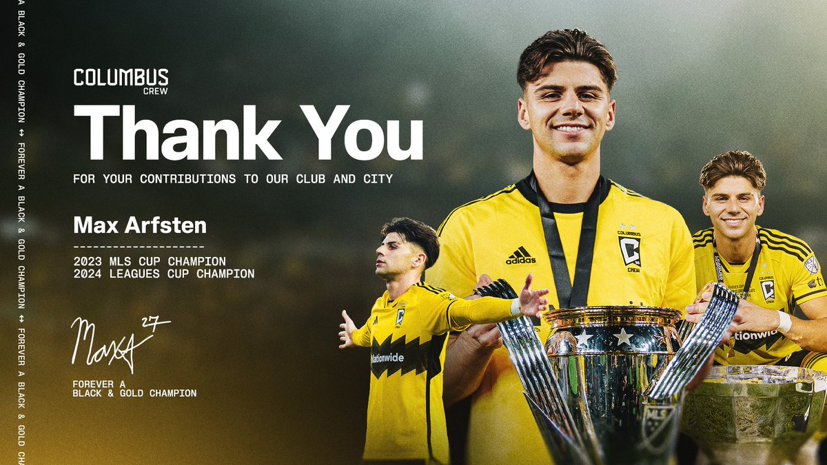 ColumbusCrew's tweet photo. Always a Crew Champion. Forever Black &amp; Gold 🖤💛

The Columbus Crew have reached an agreement to transfer midfielder Max Arfsten to English Championship side Middlesbrough FC for an undisclosed fee.

📰: https://t.co/aT1nOvRu1o https://t.co/97uAg4xmIh